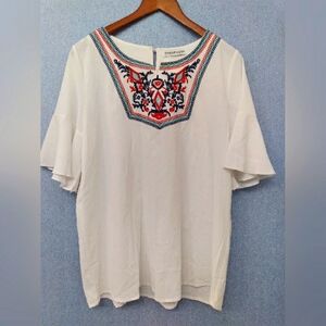 Snapdragon Retro Embroidery Print White Ruffled Batwing ‎ Top Blouse